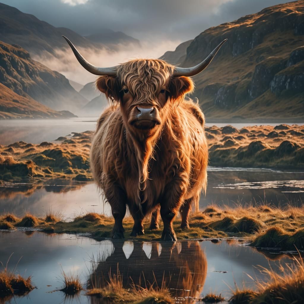 Majestic Highland Cow in Mystical Scottish Landscape