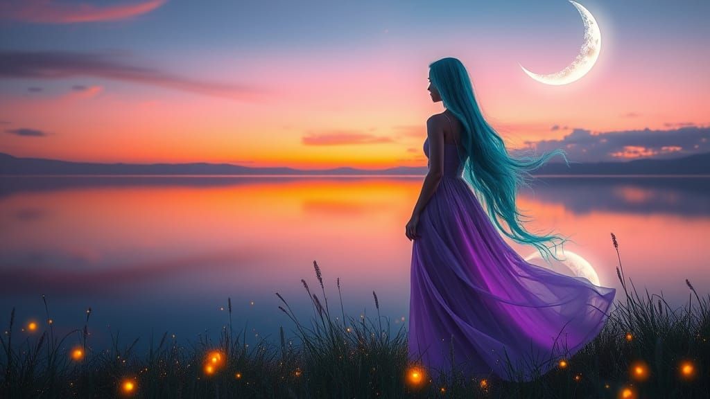 A twilight landscape bathed in soft, luminous light. An ethe...