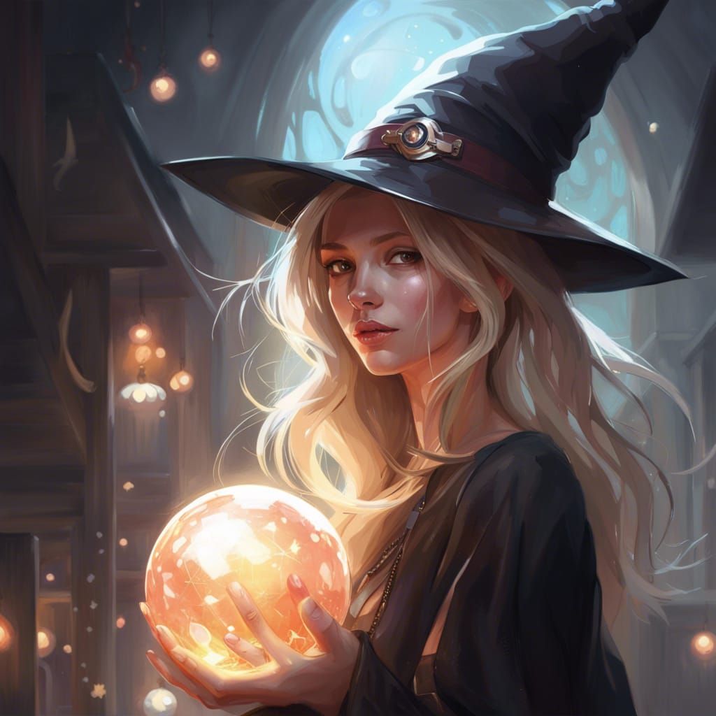 Blonde Witch in Warehouse with Magic Crystal Ball