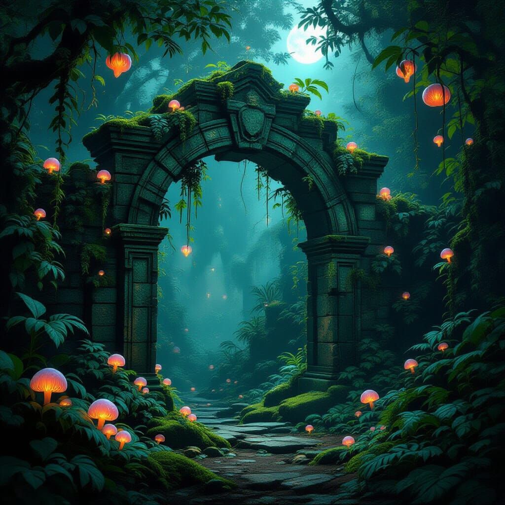 Bioluminescent Jungle Archway in Dark Fantasy Style