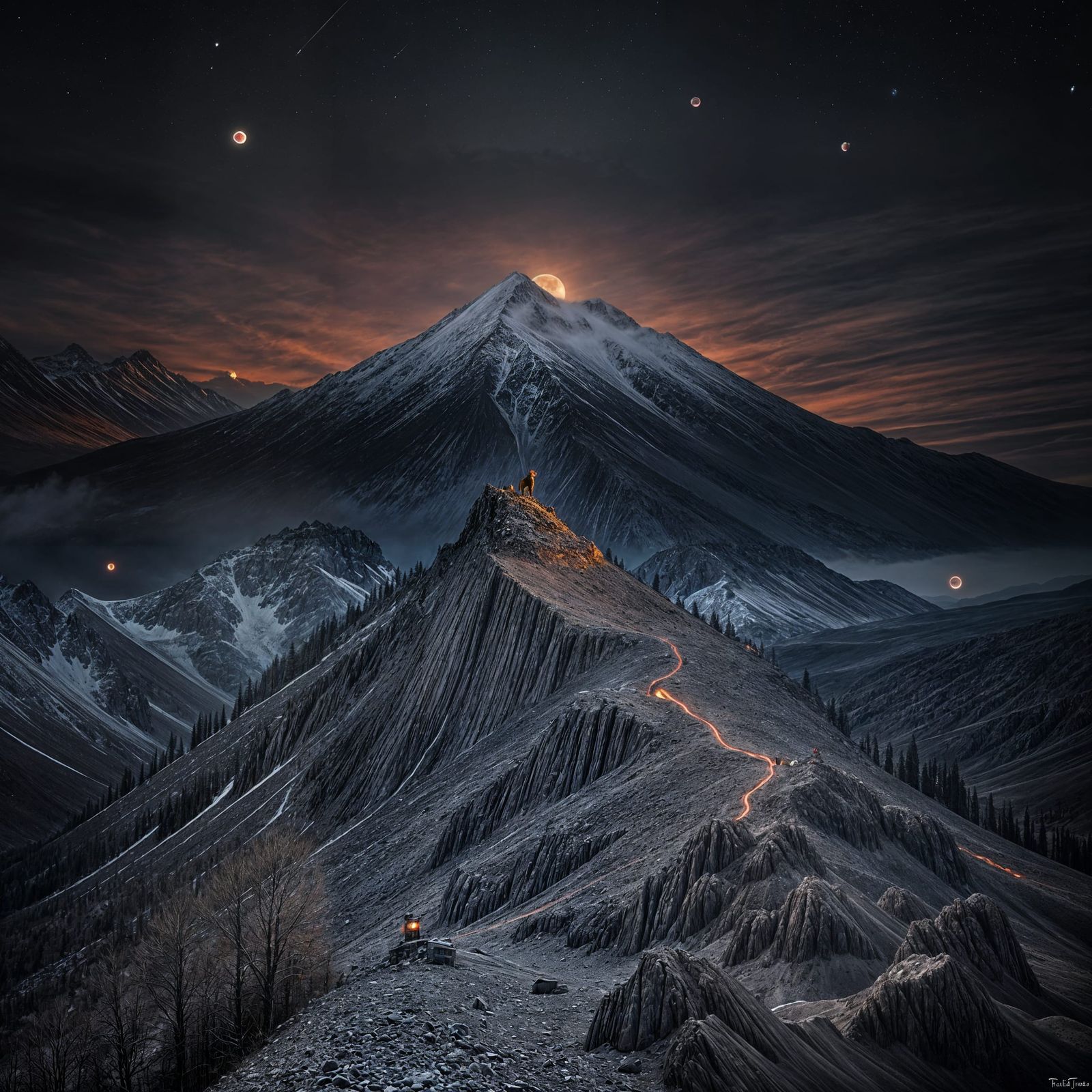 Scary Mountain at Night with Red Moon and Dragon
