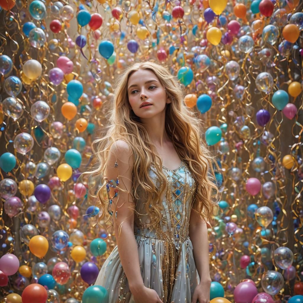 Rapunzel Surrounded by Balloons: Fantasy Art