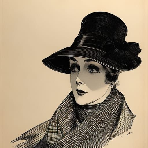 Elegant Woman in Pen-and-Ink Sketch