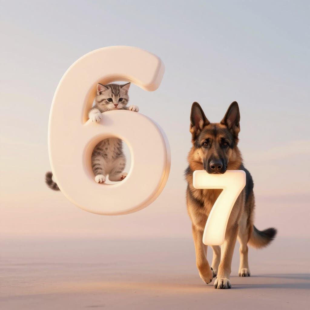 Kitten and Dog Playfully Hold Numbers 6 and 7