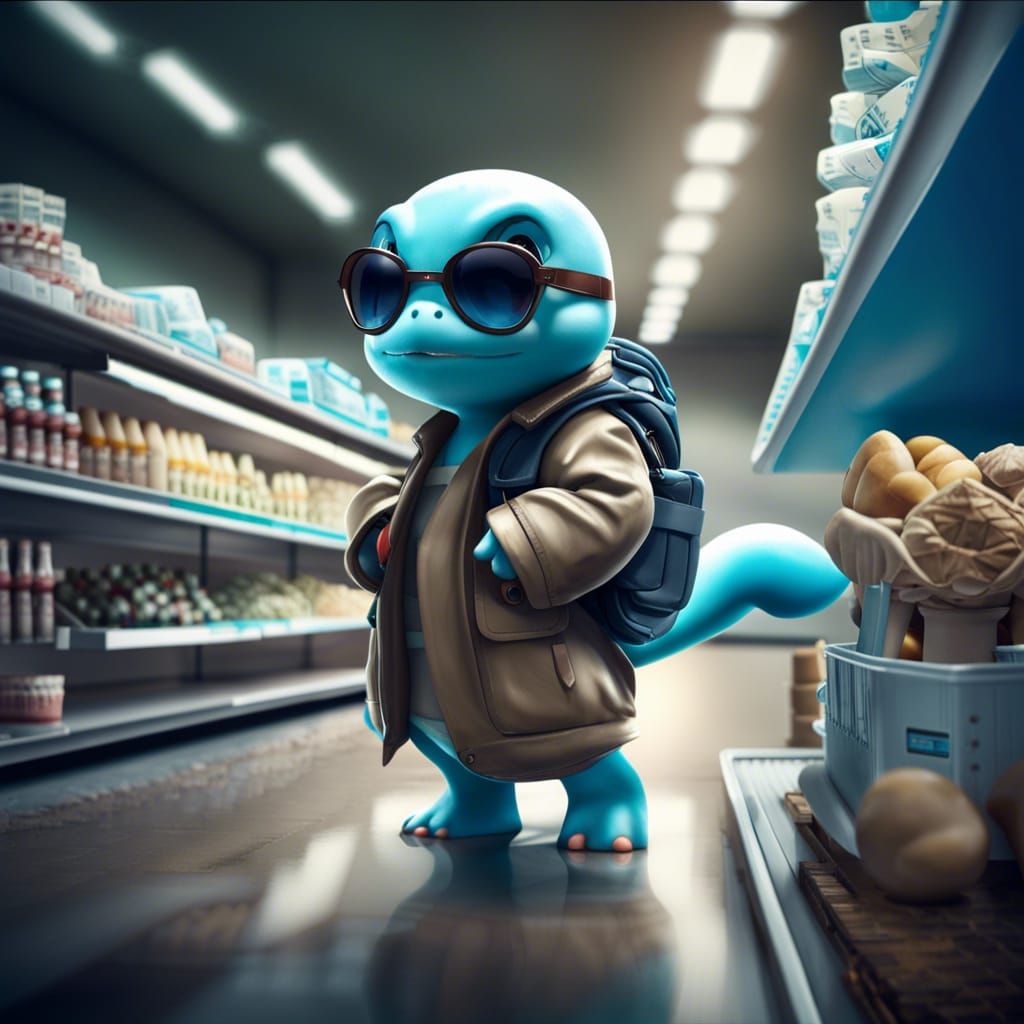 Squirtle Shoplifting in Trench Coat: Photorealistic Cinemato...