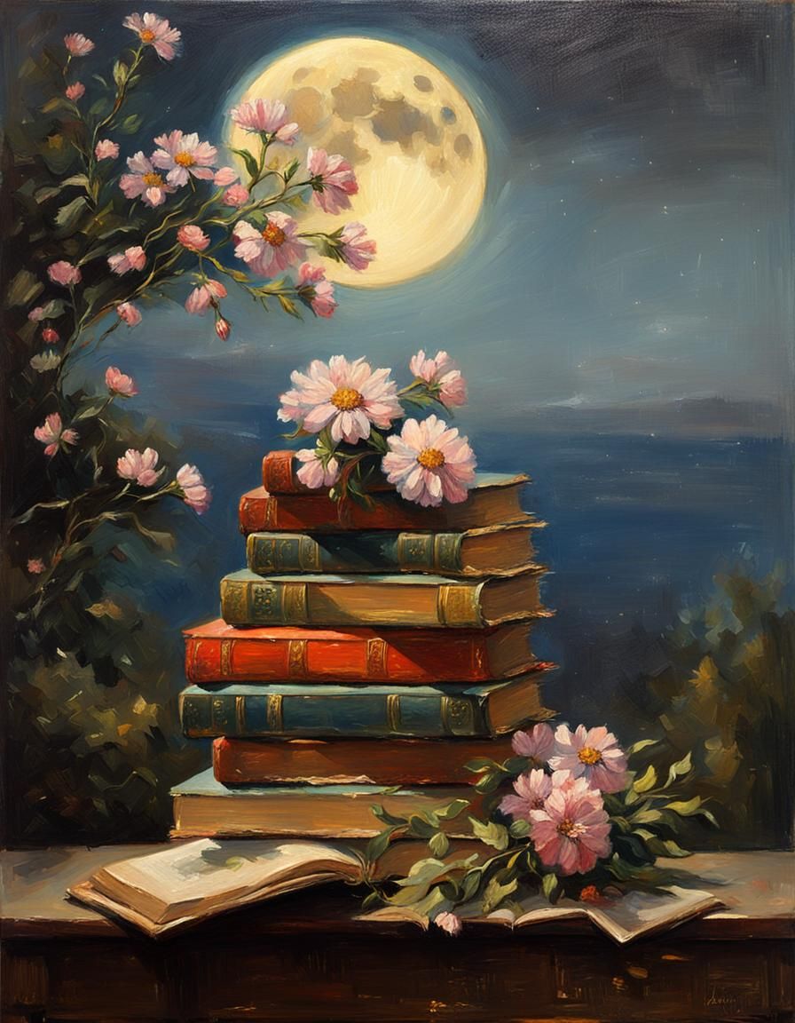 Books, Flowers, and Moonrise in Gurney Style
