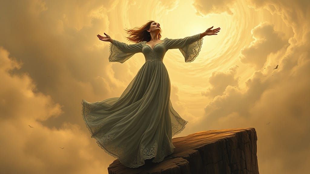 Victorian Woman Embracing the Sky in Dreamlike Vortex