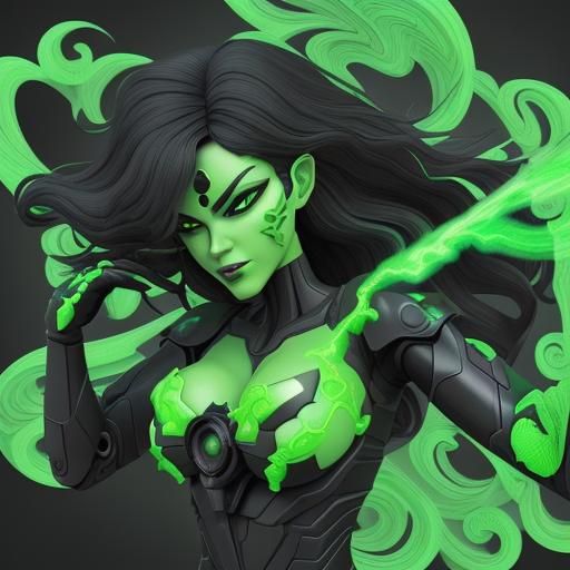 Shego Piloting a Giant Robot with Green Flames