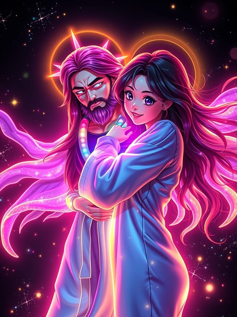 Anime Woman Hugs Chibi Jesus with Auras