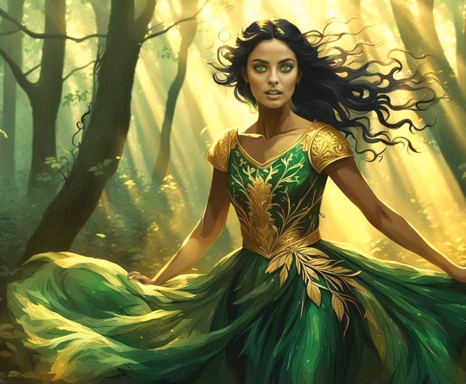 Woman in Golden Silk Dress Running Through Forest