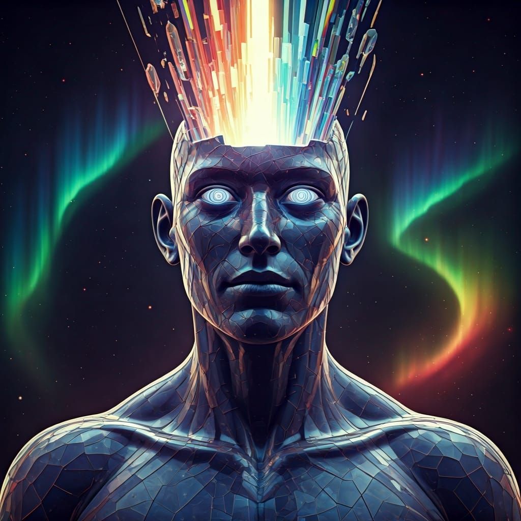 Crystal Humanoid with Rainbow Light in Cosmic Prism