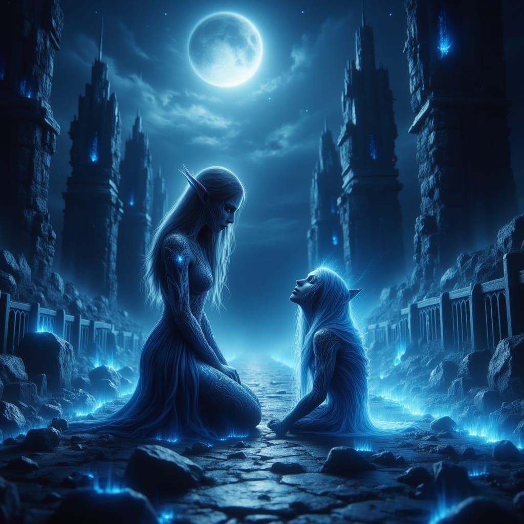 Elf Woman Guides Warrior Spirit to Afterlife Under Moonlight
