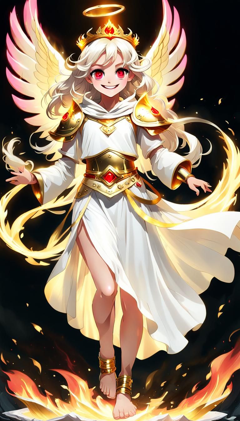 Smiling Angel Girl with Fire Wings, Dark Fantasy Art