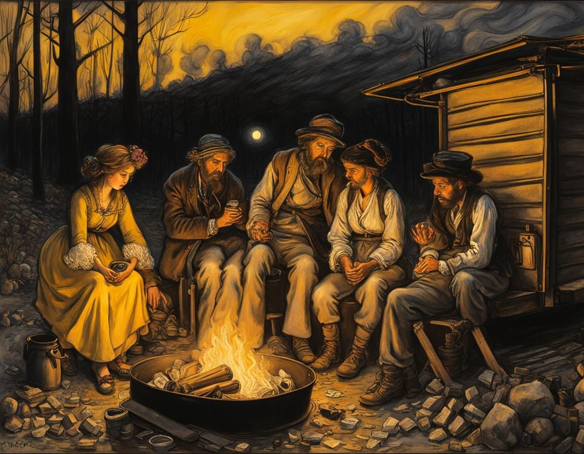 Tramps warming up by a fire in a metal trash bin at night #1