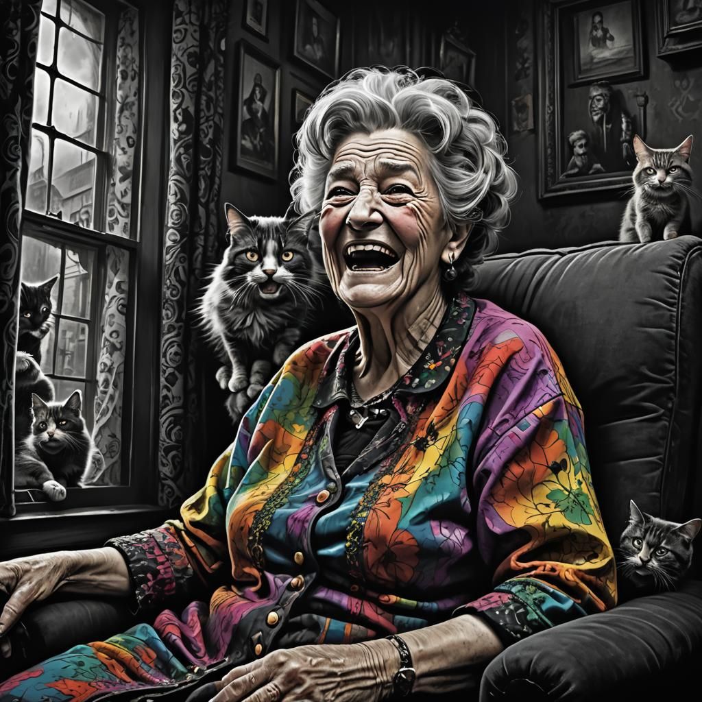 a granny with her wrinkles of age, wearing colorful clothes, laughing uncontrollably with tears of laughter and tousled ...