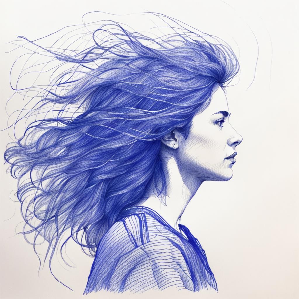 Blue Ballpoint Pen Portrait of Woman by the Sea