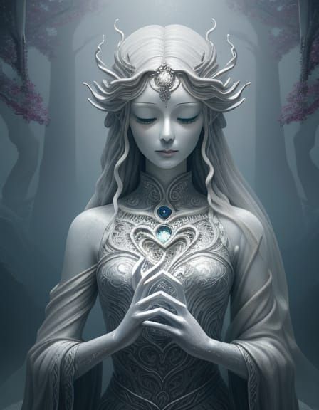 Surreal Heart-Face Statue on Pagoda, Ethereal Digital Art