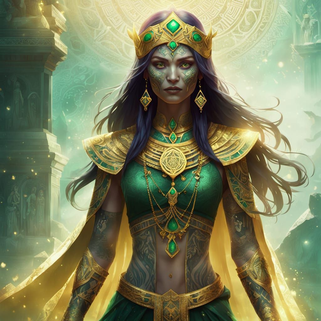 Mystical Priestess with Gold and Emerald Eyes