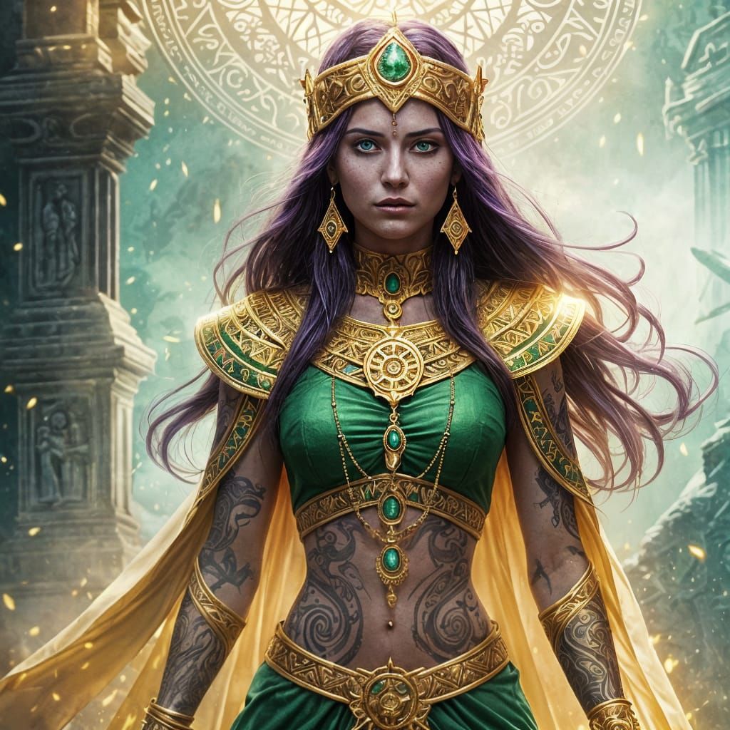 Golden Priestess Walking Through Ancient Mist