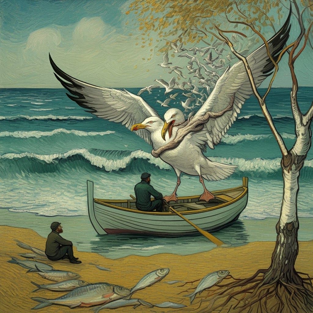 Seagull Transformation on Wavy Ocean, in Van Gogh Style