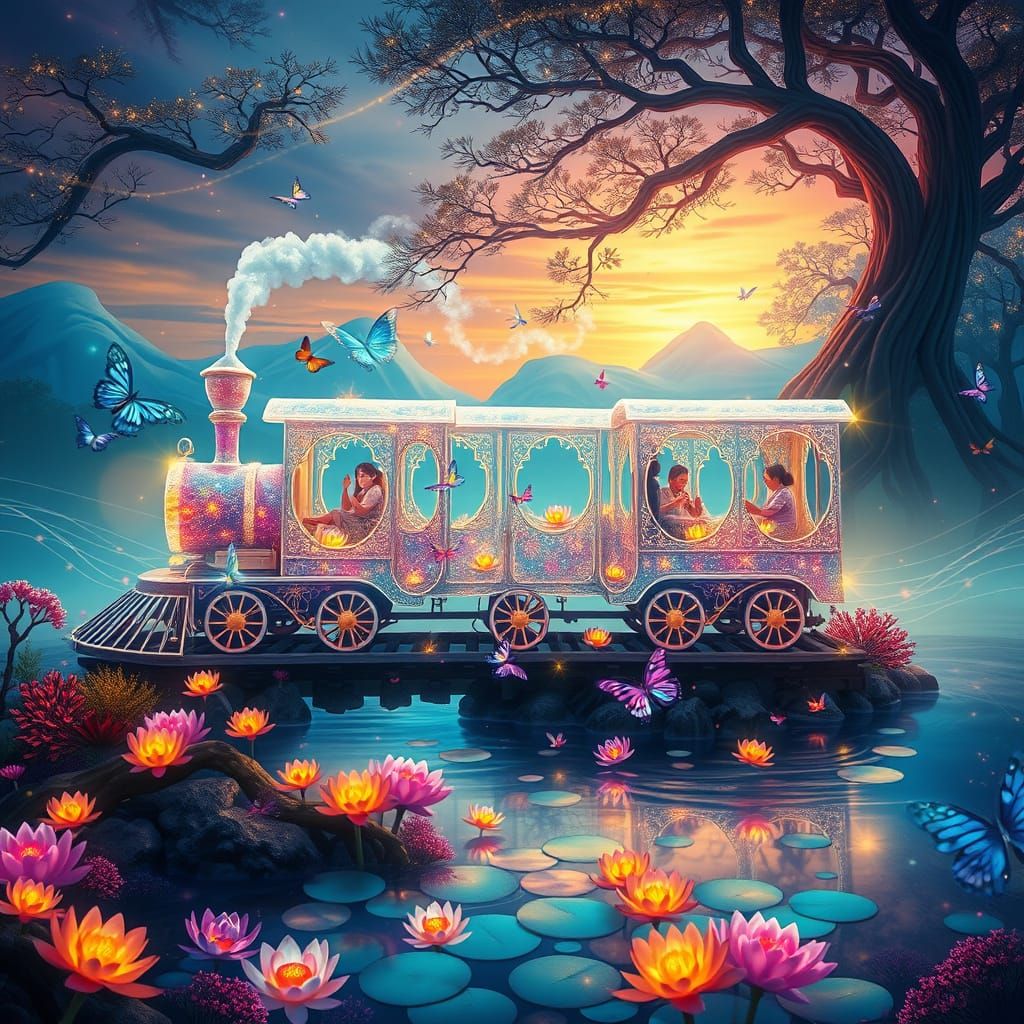 A fairy looking transparent train, inside the train a beauti...