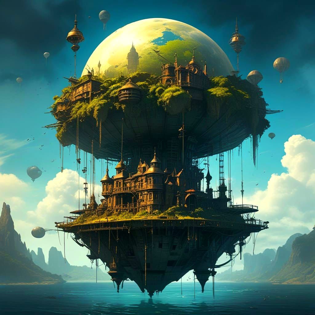 Gothic Steampunk Floating Isle in Mysterious Twilight