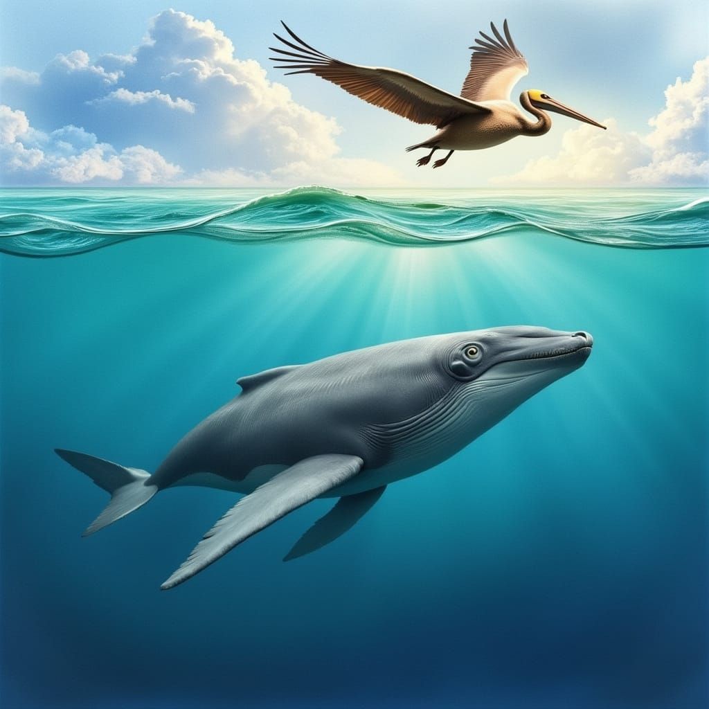 Pelican and Whale in Serene Ocean Scene
