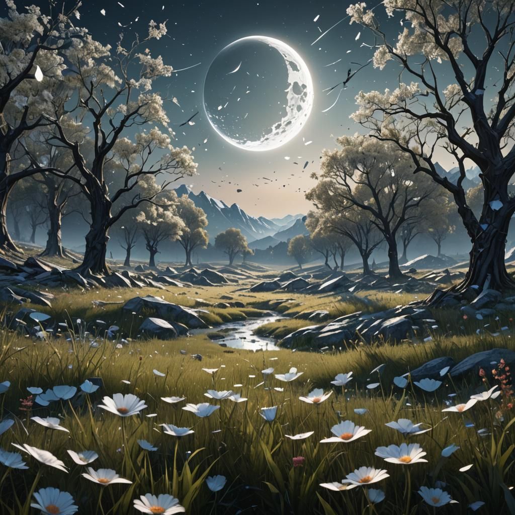 Glass Meadow Under White Moon in Detailed Matte Painting