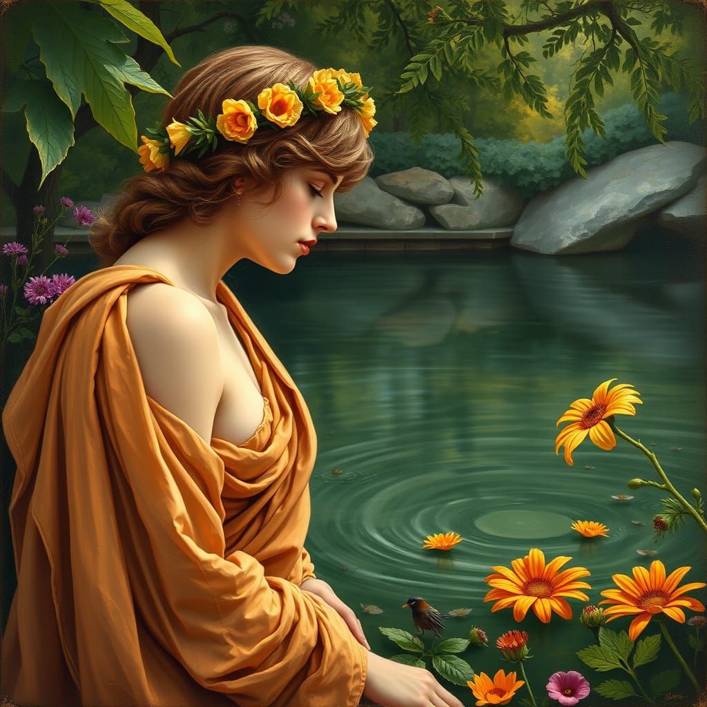 Narcissus Gazing at Reflection, Renaissance Oil Painting