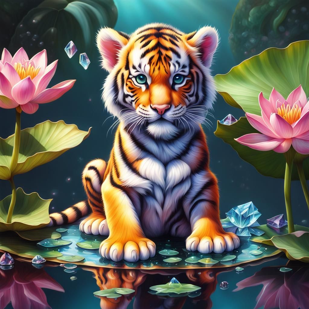 Photorealistic Airbrush Painting: Cute Tiger Cub on Lily Pad