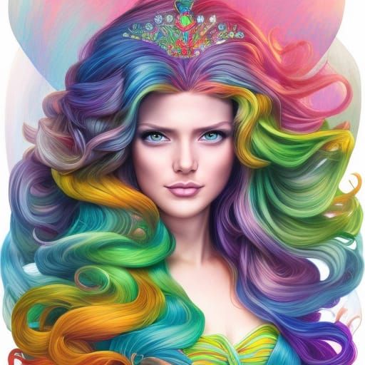 Rainbow Princess with Intricate Hair, Digital Art