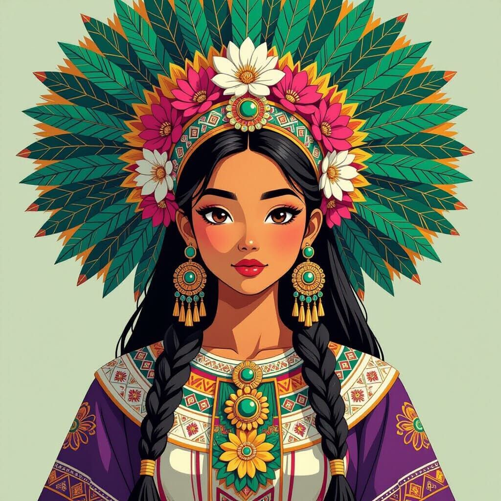 Aztec Warrior Princess with Floral Huipil, Anime Style