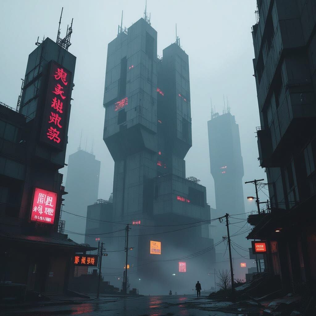 Dystopian Cityscape in Brutalist Style
