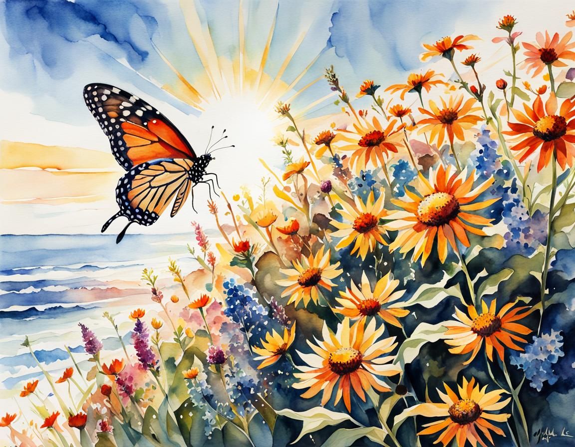 Monarch Butterfly Over Idyllic Garden Watercolor Painting