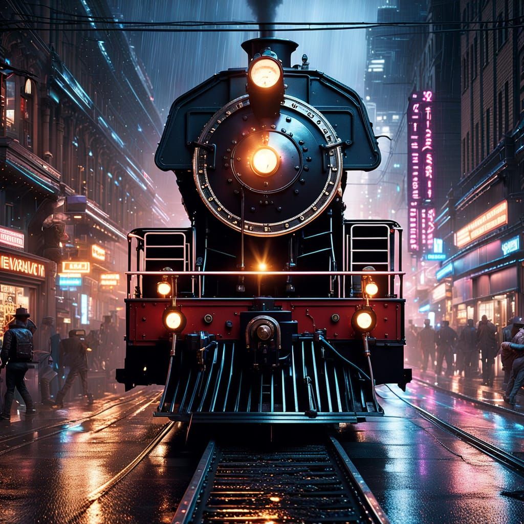 Cyberpunk Steam Train Emerges from Liquid Portal