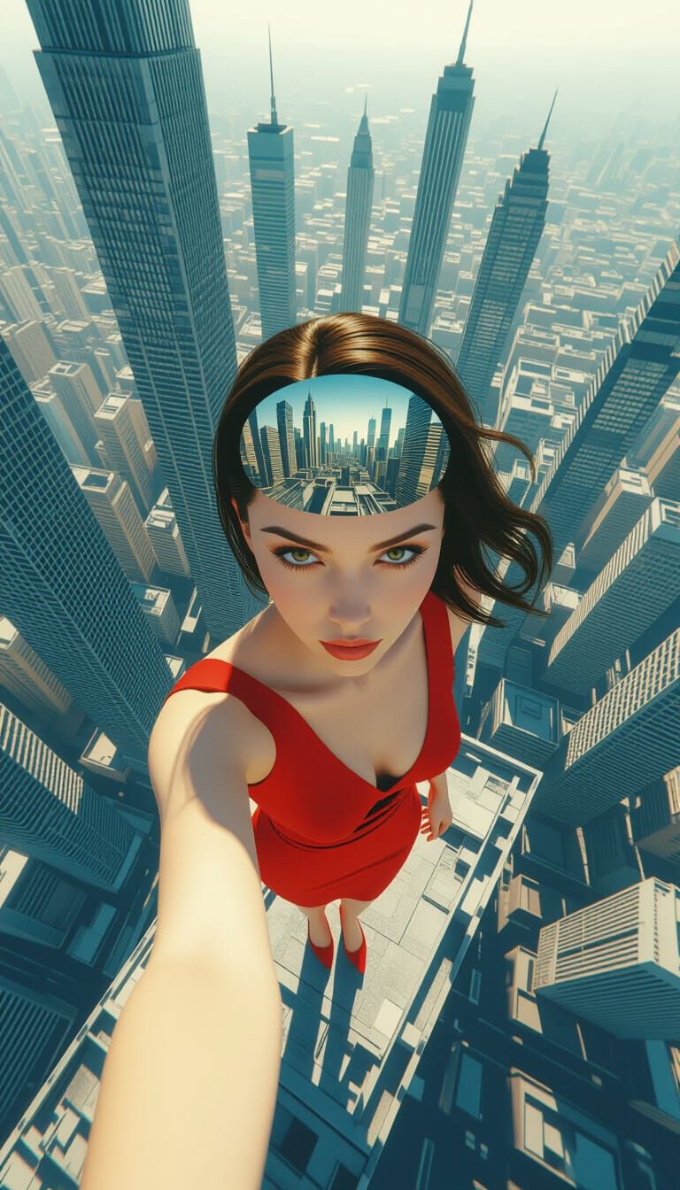 Surreal Skyscraper Woman with Embedded Dream Towns