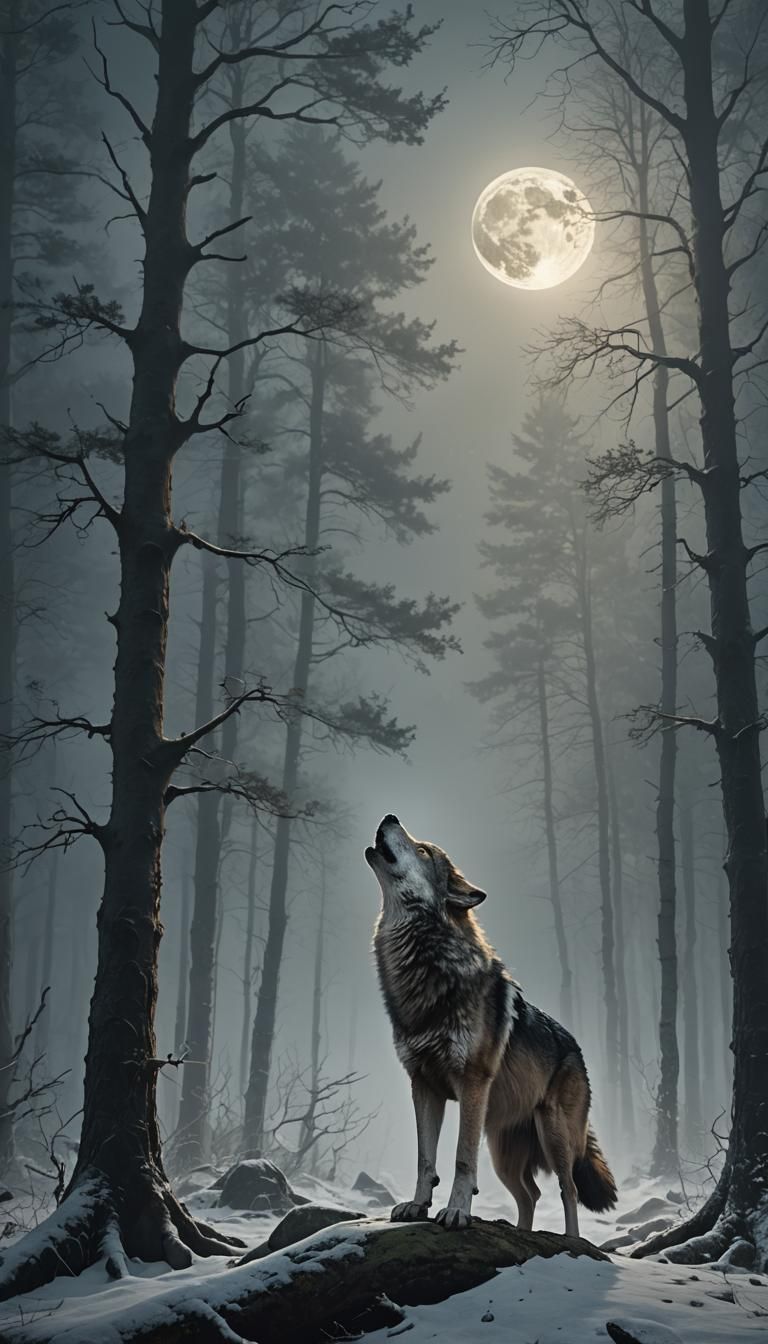 Wolf Howling in Foggy Forest: Digital Matte Painting