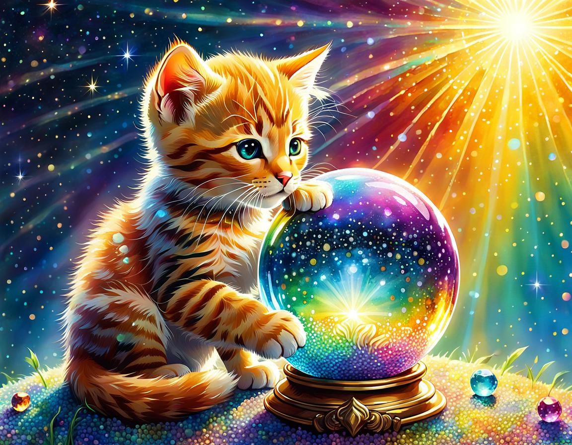 Ethereal Kitten Hugging Crystal Ball in Pointillism