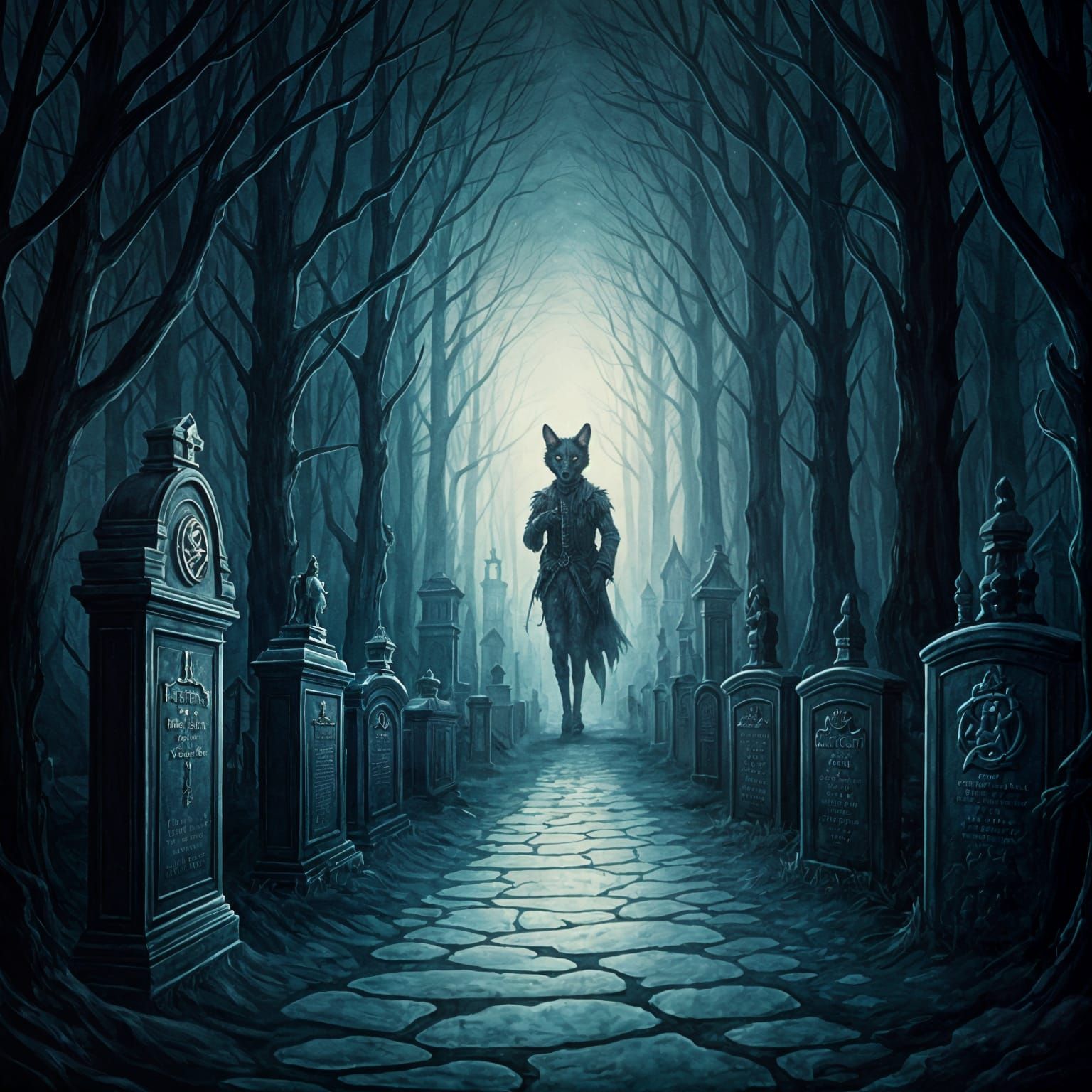 Mysterious Cemetery with Ghostly Animals: Impasto Gouache