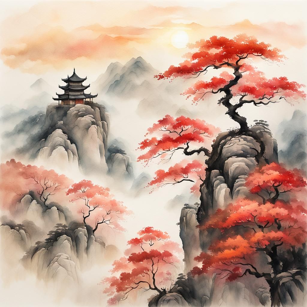 Serene Red Maple Tree Amidst Misty Mountainscape in Traditio...