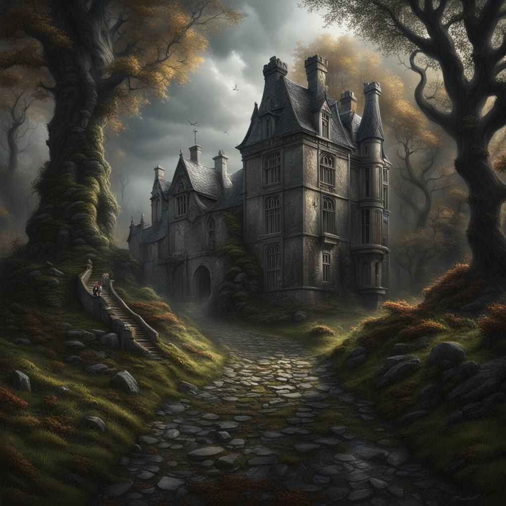 Gloomy Forest Path with Distant Manor
