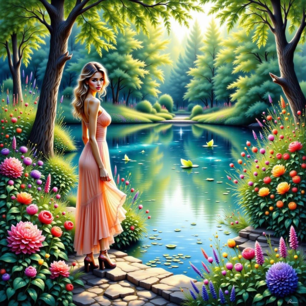 Woman in Flowing Dress in Lush Garden by Lake