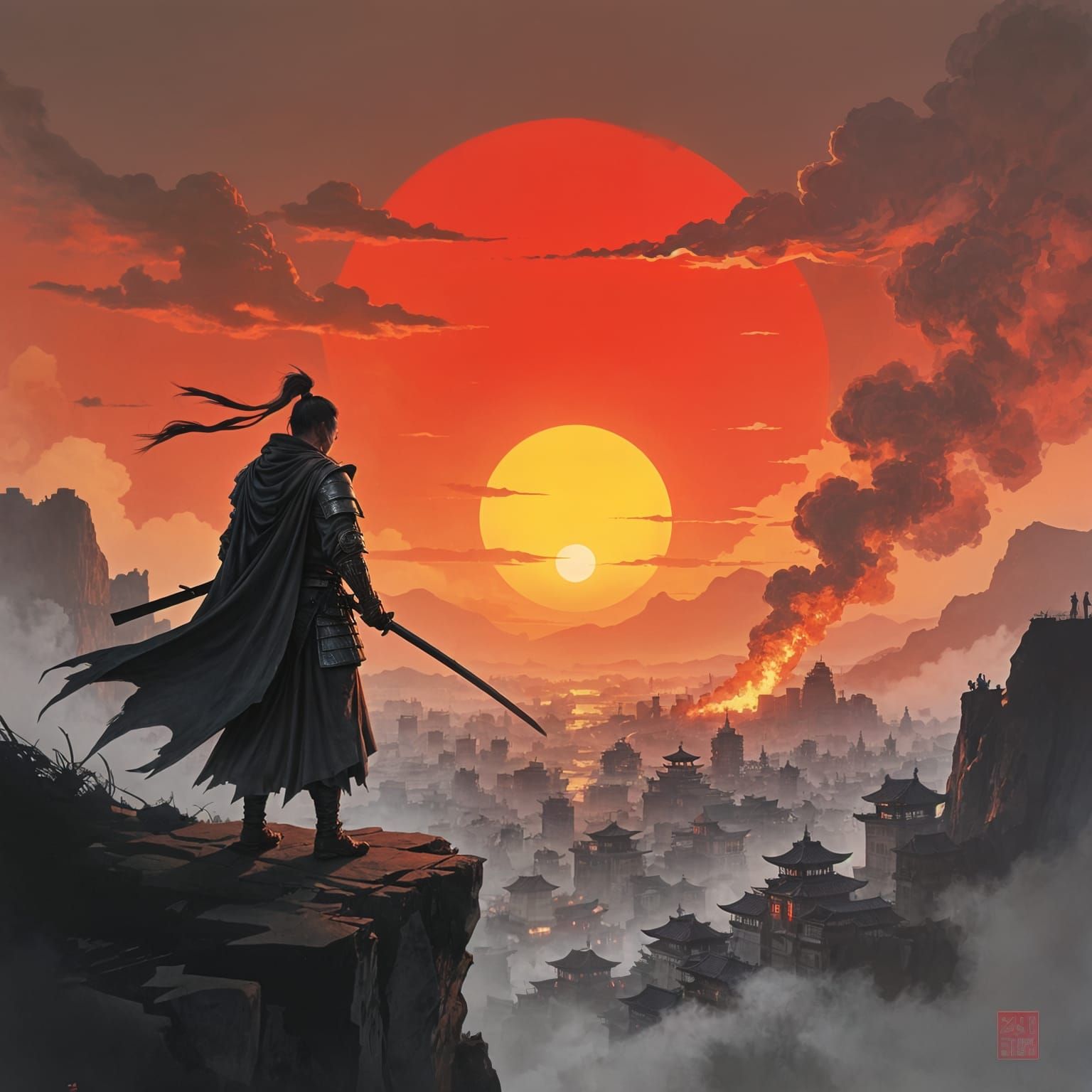 Samurai Warrior Overlooks Fiery Cityscape in Ink Wash Style
