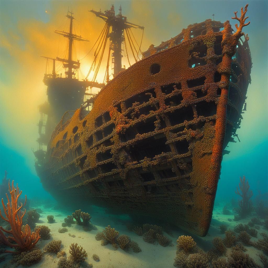 Sunken Shipwreck with Coral in Art Nouveau Style