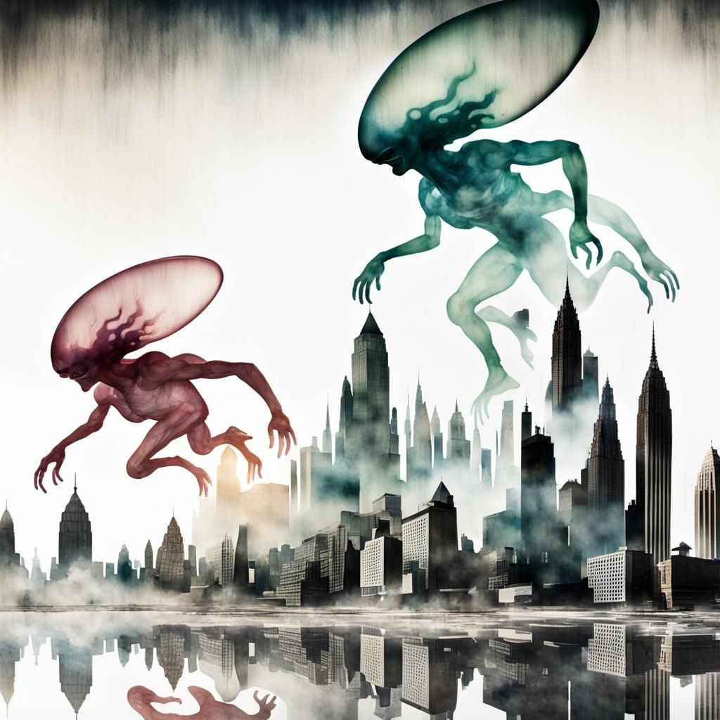 Alien Double Exposure in Dystopian Cityscape