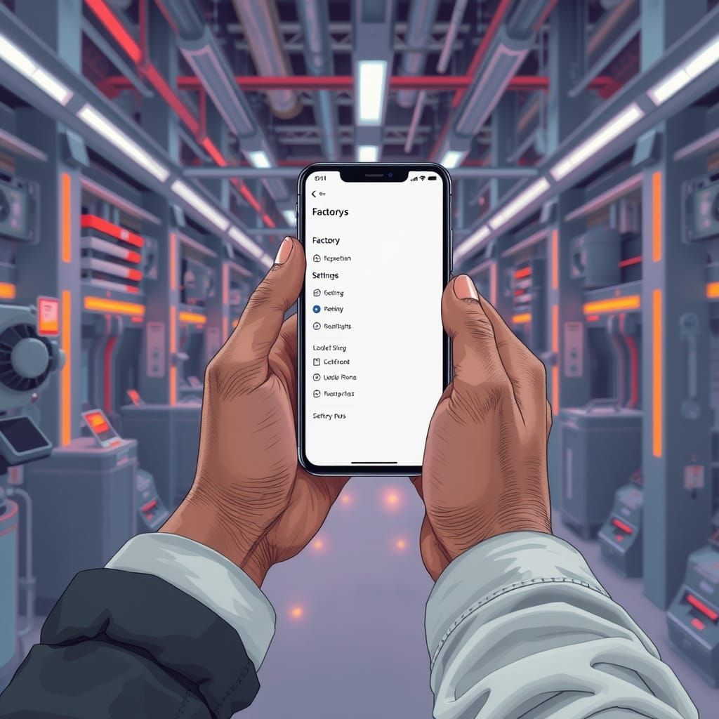 Hands Hover Over Smartphone in Futuristic Industrial Setting