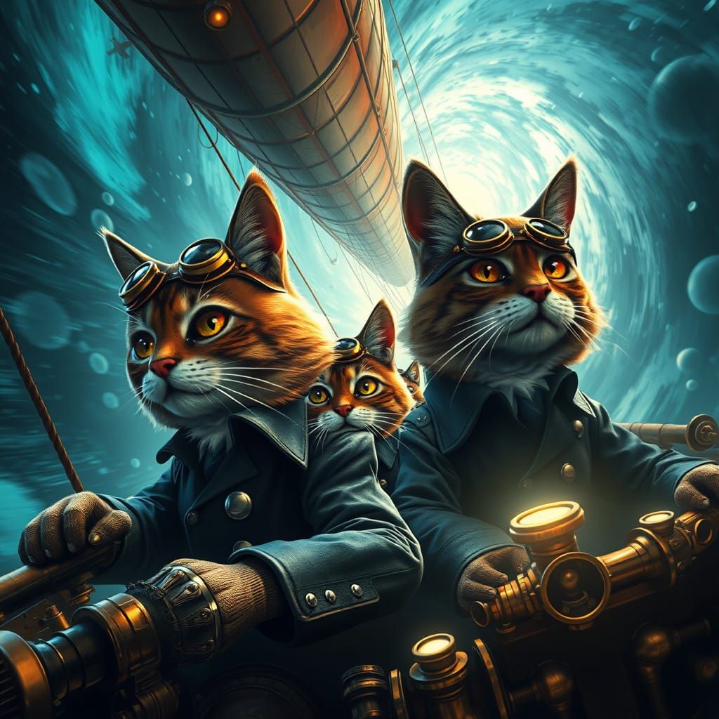 Steampunk Cats Pilot Airship Through Space Vortex