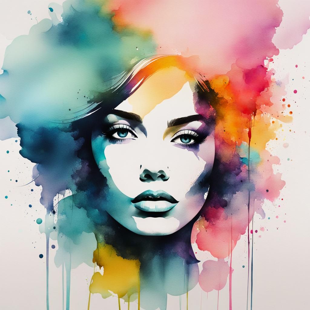 Abstract Female Face in Ink and Watercolor