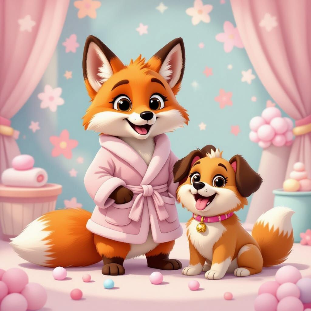 Fox and Dog in Cotton Candy Spa, Disney Style