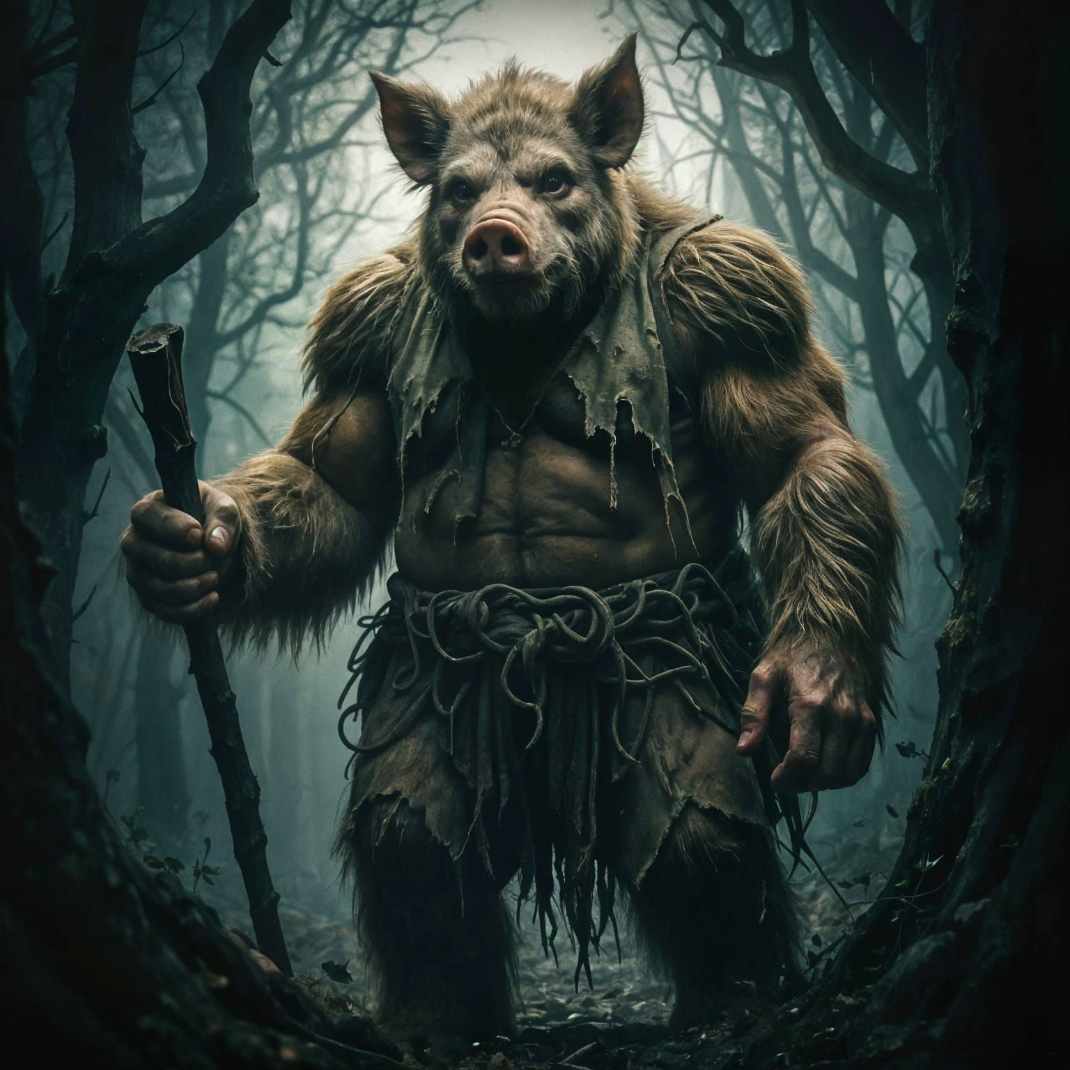 Ferocious Pigman in Gloomy Forest Cinematic Film Still